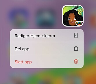 <strong>ORGANISERINGSMODUS:</strong> For å redigere hjemskjermen på iPhone, trykk og hold inne på et app-ikon til du får opp denne menyen. Holder du inne enda litt lenger, går du rett i redigeringsmodus med ristende app-ikoner. Skjermbilde: Kirsti Østvang <strong>ORGANISERINGSMODUS:</strong> For å redigere hjemskjermen på iPhone, trykk og hold inne på et app-ikon til du får opp denne menyen. Holder du inne enda litt lenger, går du rett i redigeringsmodus med ristende app-ikoner. Skjermbilde: Kirsti Østvang