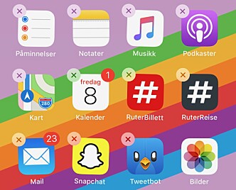 <strong>VÆR BRUTAL:</strong> Apper du aldri bruker, har ingenting på mobilen din å gjøre. Sett hjemskjermen i redigeringsmodus og slett i vei! Skjermbilde: Kirsti Østvang <strong>VÆR BRUTAL:</strong> Apper du aldri bruker, har ingenting på mobilen din å gjøre. Sett hjemskjermen i redigeringsmodus og slett i vei! Skjermbilde: Kirsti Østvang
