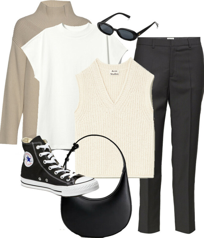 TRENDY: Genser fra Designers Remix, kr 2899. T-skjorte fra Weekday, kr 150. Vest fra Acne Studios, kr 2800. Solbriller fra Le Specs via Zalando.no, kr 550. Bukse fra Filippa K, kr 1500. Sko fra Converse, kr 750. Veske fra Mango, kr 399. TRENDY: Genser fra Designers Remix, kr 2899. T-skjorte fra Weekday, kr 150. Vest fra Acne Studios, kr 2800. Solbriller fra Le Specs via Zalando.no, kr 550. Bukse fra Filippa K, kr 1500. Sko fra Converse, kr 750. Veske fra Mango, kr 399.