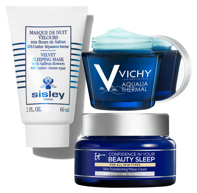 1. Gir huden fukt og glød med safranblomst (kr 1065, Sisley, Velvet Sleeping Mask). 2. Fukter og virker beroligende (kr 340, Vichy, Aqualia Thermal Night Spa). 3. Minsker rynker og vekker opp huden (kr 480, It Cosmetics, Confidence in Your Beauty Sleep). 1. Gir huden fukt og glød med safranblomst (kr 1065, Sisley, Velvet Sleeping Mask). 2. Fukter og virker beroligende (kr 340, Vichy, Aqualia Thermal Night Spa). 3. Minsker rynker og vekker opp huden (kr 480, It Cosmetics, Confidence in Your Beauty Sleep).
