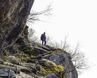 Bjørnestigen er en liten omvei fra stien, men byr på spektakulær utsikt. Gå forsiktig! Foto: Torild Moland Bjørnestigen er en liten omvei fra stien, men byr på spektakulær utsikt. Gå forsiktig! Foto: Torild Moland