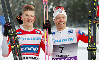 DET SISTE SKIRENNET: Eirik Brandsdal kom seg opp på pallen sammen med sin overmann Johannes Høsflot Klæbo i karrierens siste skirenn. Tårene kom underveis i verdenscupssprinten på Konnerud. Foto: Terje Bendiksby / NTB scanpix DET SISTE SKIRENNET: Eirik Brandsdal kom seg opp på pallen sammen med sin overmann Johannes Høsflot Klæbo i karrierens siste skirenn. Tårene kom underveis i verdenscupssprinten på Konnerud. Foto: Terje Bendiksby / NTB scanpix