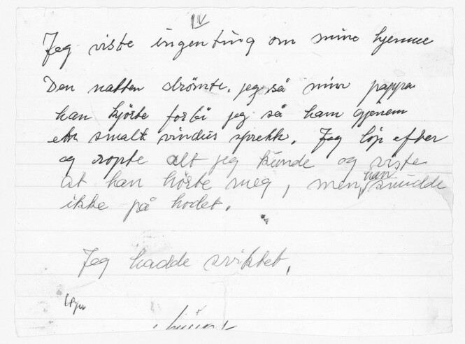 NOTATET: Dette notatet ført i pennen av Fanny Raskow, har gjort sterkt inntrykk på datteren Irene Levin. FOTO: Privat NOTATET: Dette notatet ført i pennen av Fanny Raskow, har gjort sterkt inntrykk på datteren Irene Levin. FOTO: Privat