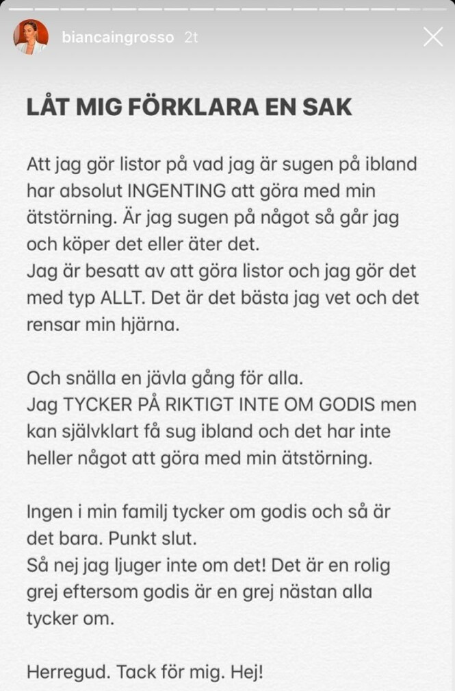 FORKLARER: På Instagrams historiefunksjon slår Bianca Ingrosso hardt tilbake mot fansens spekulasjoner. Foto: Instagram/biancaingrosso FORKLARER: På Instagrams historiefunksjon slår Bianca Ingrosso hardt tilbake mot fansens spekulasjoner. Foto: Instagram/biancaingrosso