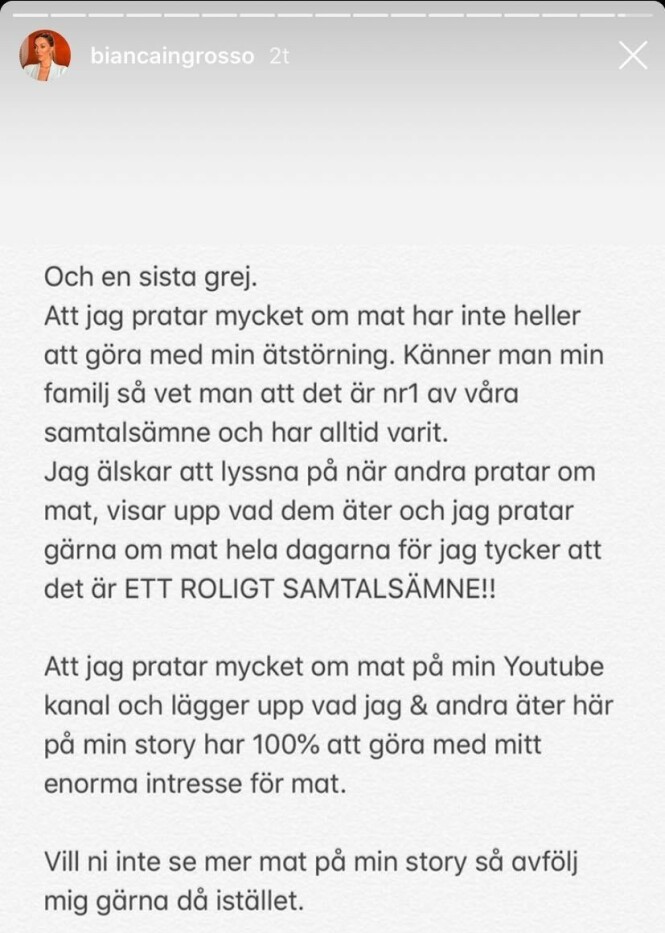 INTERESSERT I MAT: Ingrosso påpeker at hun har en enorm interesse for mat, og at det er derfor hun ofte deler mye videoer og bilder av maten sin. Foto: Instagram/biancaingrosso INTERESSERT I MAT: Ingrosso påpeker at hun har en enorm interesse for mat, og at det er derfor hun ofte deler mye videoer og bilder av maten sin. Foto: Instagram/biancaingrosso
