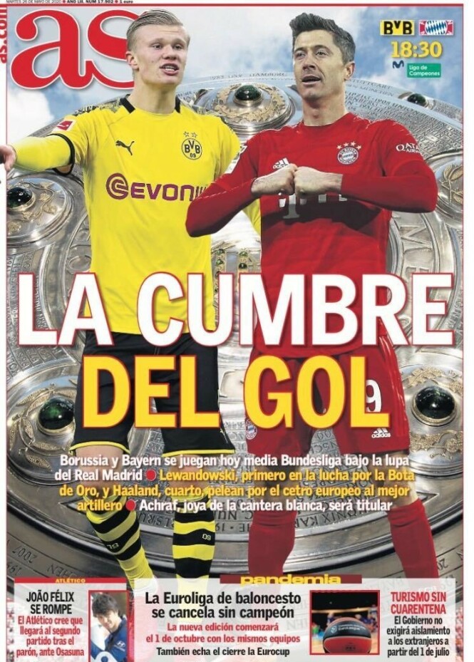 DUELL: Hele Fotball-Europa vil følge duellen mellom Erling Braut Haaland og Robert Lewandowski i kveld. Her dagens førsteside i den spanske storavisa AS. DUELL: Hele Fotball-Europa vil følge duellen mellom Erling Braut Haaland og Robert Lewandowski i kveld. Her dagens førsteside i den spanske storavisa AS.