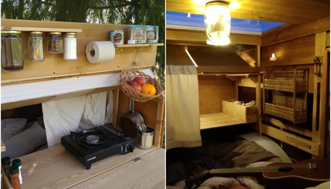 SMARTE LØSNINGER: Paret har brukt syltetøyglass til oppbevaring av mat og som taklampe. FOTO: Privat SMARTE LØSNINGER: Paret har brukt syltetøyglass til oppbevaring av mat og som taklampe. FOTO: Privat