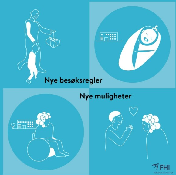Antyder denne illustrasjonen at vi kan klemme våre kjære når vi besøker dem på institusjon? Illustrasjon: FHI Antyder denne illustrasjonen at vi kan klemme våre kjære når vi besøker dem på institusjon? Illustrasjon: FHI