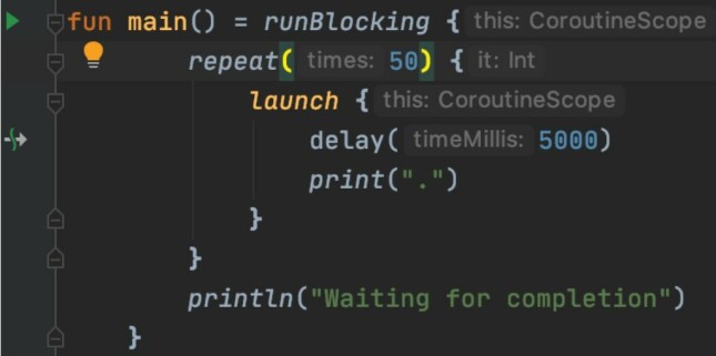 Figur 5 - eksempel på bruk av coroutine builders. 📸: Privat Figur 5 - eksempel på bruk av coroutine builders. 📸: Privat