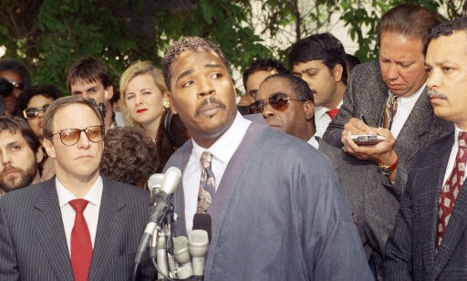 FILE - In this May 1, 1992 file photo, Rodney King makes a statement at a Los Angeles news conference, where he asked for an end to violence. When violent protests over the death of George Floyd reached Los Angeles, people of color expressed heartbreak but not necessarily surprise. They had seen it nearly 30 years ago when riots rocked the city after four white police officers were acquitted of charges in the beating of black driver King. (AP Photo/David Longstreath, File)
