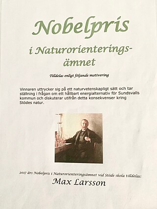 SKOLELYS: I sjuende klasse ble Max belønnet med skolens Nobelpris. Foto: Privat. SKOLELYS: I sjuende klasse ble Max belønnet med skolens Nobelpris. Foto: Privat.