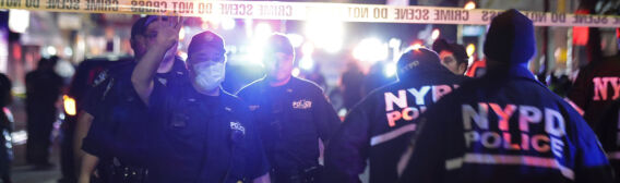 CORRECTS DAY AND DATE - New York City police officers work a scene early Thursday, June 4, 2020, in the Brooklyn borough of New York. The police department says a police officer has been shot in Brooklyn. The shooting happened late Wednesday, nearly four hours after an 8 p.m. curfew went into effect intended to quell unrest over the death of George Floyd in Minnesota. Details on the shooting, including the officer's condition, werent immediately available. (AP Photo/Frank Franklin II)
