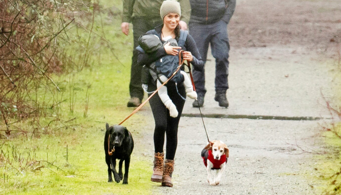 PÅ TUR: Hertuginne Meghan på gåtur sammen med sønnen Archie (1) og hundene i Canada i januar. Foto: NTB Scanpix PÅ TUR: Hertuginne Meghan på gåtur sammen med sønnen Archie (1) og hundene i Canada i januar. Foto: NTB Scanpix