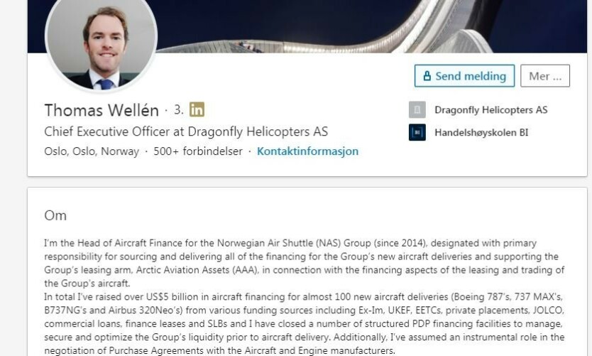 FEM MRD DOLLAR: «Totalt har jeg reist over fem milliarder dollar i flyfinansiering for nesten 100 nye flyleveranser», skriver Thomas F. Wellén på sin LinkedIn-profil. FEM MRD DOLLAR: «Totalt har jeg reist over fem milliarder dollar i flyfinansiering for nesten 100 nye flyleveranser», skriver Thomas F. Wellén på sin LinkedIn-profil.