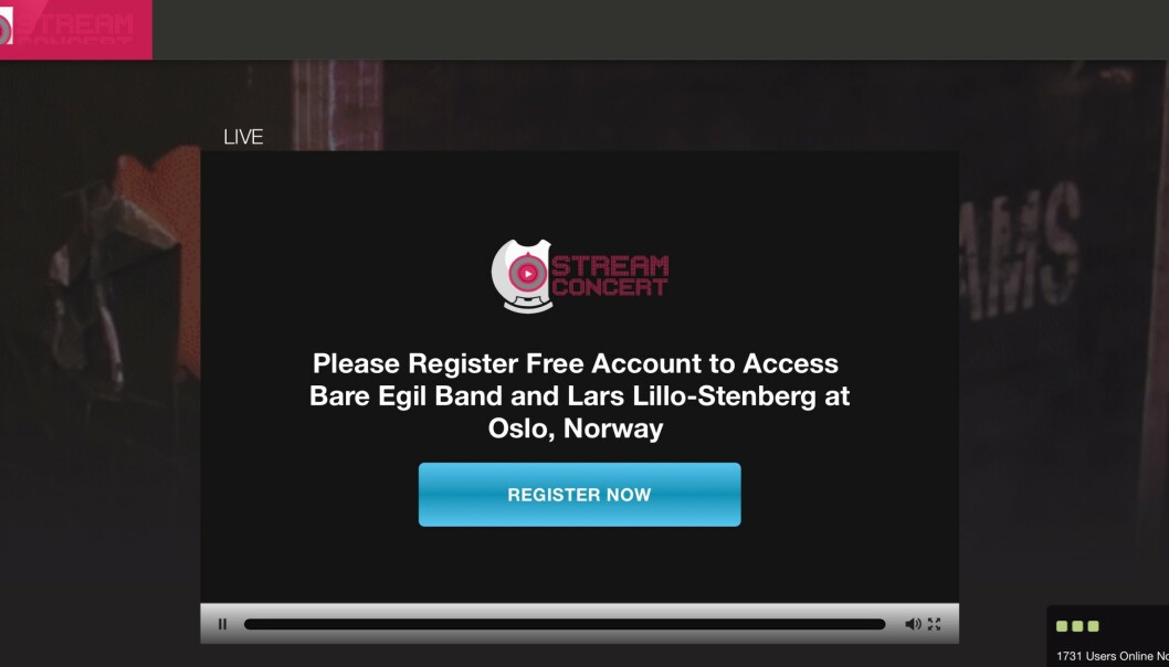 SVINDEL: Lenkene som deles i kommentarfelt og chat under konsertene fører deg til en side hvor du må registrere deg med personlige opplysninger for å se konsert. Foto: Skjermdump. SVINDEL: Lenkene som deles i kommentarfelt og chat under konsertene fører deg til en side hvor du må registrere deg med personlige opplysninger for å se konsert. Foto: Skjermdump.