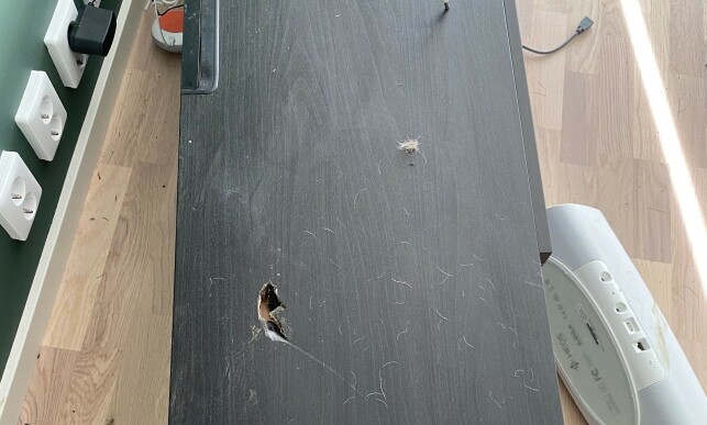 ØDELAGT: Slik så TV-benken ut etter møtet med elgen. Foto: Privat ØDELAGT: Slik så TV-benken ut etter møtet med elgen. Foto: Privat