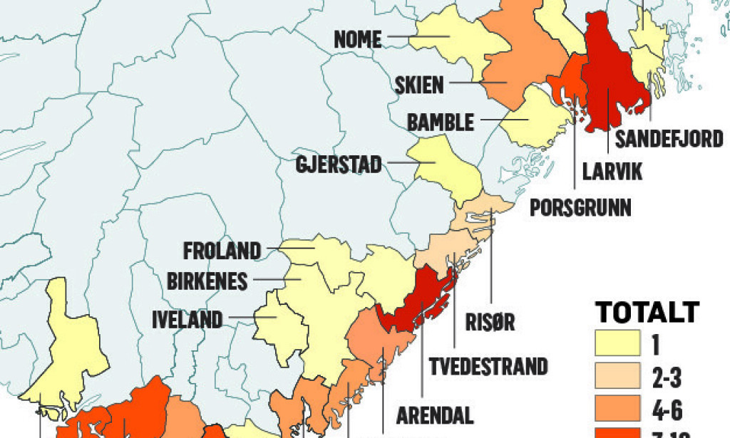LANGS KYSTEN: Dette kartet viser forekomst av kjente tilfeller med TBE. Det er påvist TBE-virus i flått andre steder i landet også, men det er ikke meldt om at noen har blitt syke av viruset i disse områdene. Grafikk FHI/Kjell Erik Berg LANGS KYSTEN: Dette kartet viser forekomst av kjente tilfeller med TBE. Det er påvist TBE-virus i flått andre steder i landet også, men det er ikke meldt om at noen har blitt syke av viruset i disse områdene. Grafikk FHI/Kjell Erik Berg