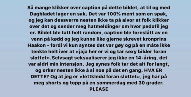 - EN SPØK: Sophie Elise Isachsen kommenterer på sin egen Instagram-konto. Foto: Skjermdump/Instagram - EN SPØK: Sophie Elise Isachsen kommenterer på sin egen Instagram-konto. Foto: Skjermdump/Instagram