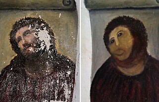 «POTET-JESUS»: Slik så det ut da da kvinnen i 80-åra bestemte seg for å restaurere Martinez' klassiske maleri. Foto: AFP / NTB scanpix «POTET-JESUS»: Slik så det ut da da kvinnen i 80-åra bestemte seg for å restaurere Martinez' klassiske maleri. Foto: AFP / NTB scanpix