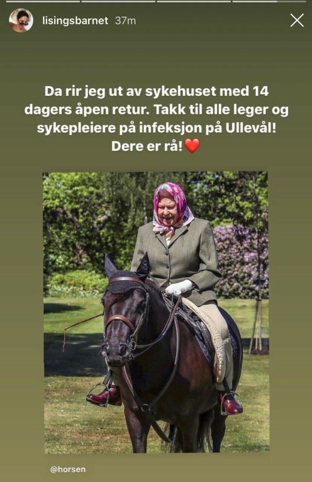 ÅPEN RETUR: Lisa Tønne takker både leger og sykepleiere ved Ullevål sykehus. Foto: Skjermdump fra Instagram ÅPEN RETUR: Lisa Tønne takker både leger og sykepleiere ved Ullevål sykehus. Foto: Skjermdump fra Instagram