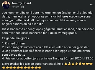 - RIV NED DRITTEN: Tommy Sharif ber følgerne ødelegge offentlig kunst i Kristiansand. Foto: Skjermdump / Facebook - RIV NED DRITTEN: Tommy Sharif ber følgerne ødelegge offentlig kunst i Kristiansand. Foto: Skjermdump / Facebook