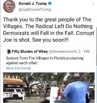 TVITRET: Trumps nå fjernede Twitter-post der han hyller sine tilhengere i The Villages. TVITRET: Trumps nå fjernede Twitter-post der han hyller sine tilhengere i The Villages.