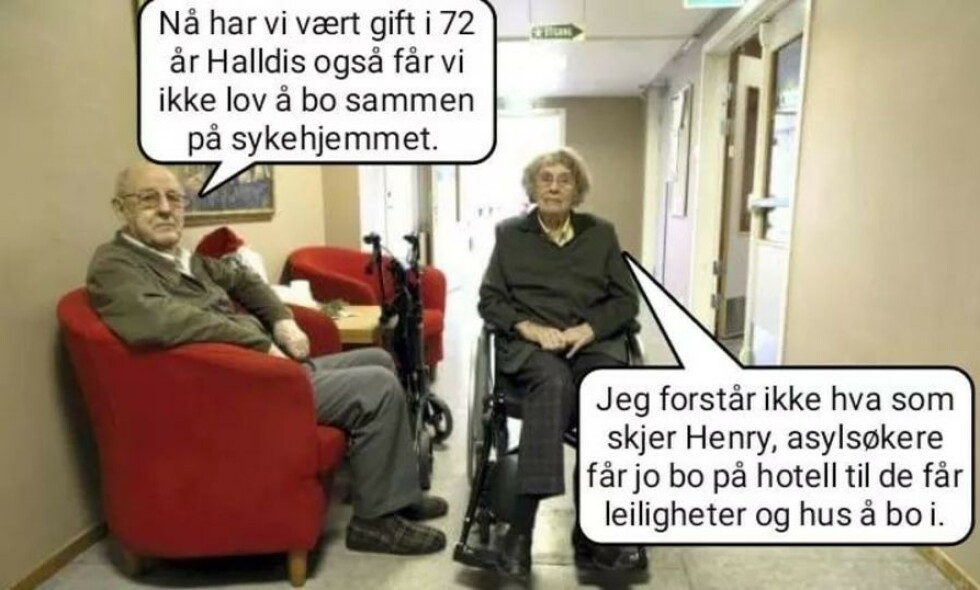 Halldis og Henry har aldri sagt noe av det som står i snakkeboblene på bildet, og familien fortviler over bildemisbruket. Skjermdump: Faktisk.no Halldis og Henry har aldri sagt noe av det som står i snakkeboblene på bildet, og familien fortviler over bildemisbruket. Skjermdump: Faktisk.no