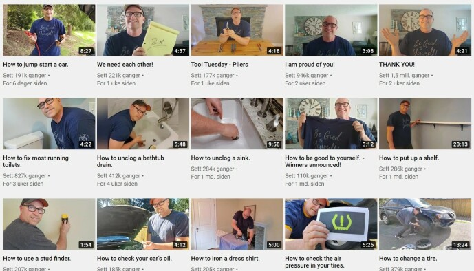 <strong>DAD HOW DO I:</strong> På YouTube-kanalen hans kan man finne videoer der han blant annet forklarer hvordan du fikser et badekar med tett avløp, eller hvordan man ser om man må fylle olje på bilen. Foto: Skjermdum/YouTube <strong>DAD HOW DO I:</strong> På YouTube-kanalen hans kan man finne videoer der han blant annet forklarer hvordan du fikser et badekar med tett avløp, eller hvordan man ser om man må fylle olje på bilen. Foto: Skjermdum/YouTube