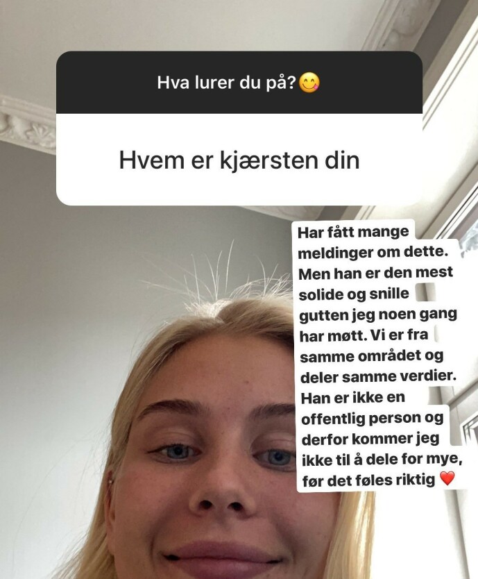 HEMMELIGHETSFULL: Amalie Snøløs holder kortene tett til brystet hva gjelder den nye kjæresten. Foto: Skjermdump HEMMELIGHETSFULL: Amalie Snøløs holder kortene tett til brystet hva gjelder den nye kjæresten. Foto: Skjermdump
