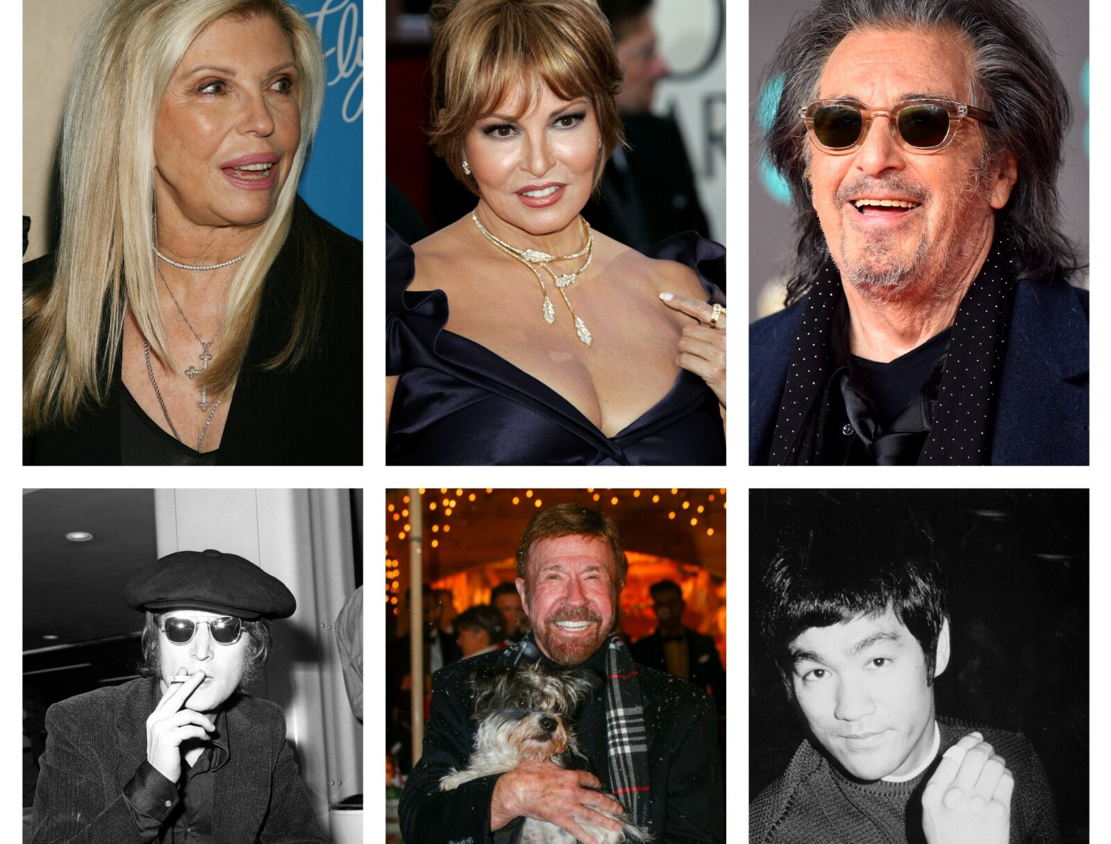 Øverst fra venstre: Nancy Sinatra 8.juni, Raquel Welch 5.september, Al Pacino 25.april, John Lennon ville ha fylt 80 år 9.oktober om han fortsatt levde, Chuck Norris, 10.mars og Bruce Lee, 37.november. Foto: NTB Scanpix Øverst fra venstre: Nancy Sinatra 8.juni, Raquel Welch 5.september, Al Pacino 25.april, John Lennon ville ha fylt 80 år 9.oktober om han fortsatt levde, Chuck Norris, 10.mars og Bruce Lee, 37.november. Foto: NTB Scanpix