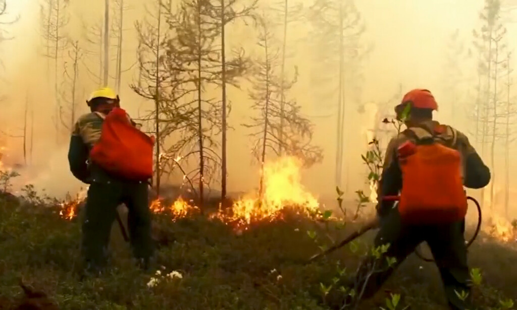 Russiske brannfolk kjemper mot flammene øst i Russland. Det anslås at branner i områder har sammenheng med høye temperaturer. Foto: RU-RTR Russian Television via AP / NTB scanpix Russiske brannfolk kjemper mot flammene øst i Russland. Det anslås at branner i områder har sammenheng med høye temperaturer. Foto: RU-RTR Russian Television via AP / NTB scanpix