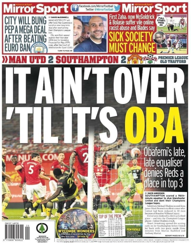 I OVERSKRIFTENE: Engelske aviser - her representert ved Daily Mirror - fokuserer tirsdag på overtidsscoringen til Southamptons Michael Obafemi. I OVERSKRIFTENE: Engelske aviser - her representert ved Daily Mirror - fokuserer tirsdag på overtidsscoringen til Southamptons Michael Obafemi.
