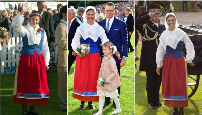 ÖLAND: Kronprinsesse Victoria er vanligvis å se i folkedrakten fra Öland. Her avbildet under feiringene av henholdsvis 27-, 40- og 38-årsdagen hennes. Foto: NTB Scanpix ÖLAND: Kronprinsesse Victoria er vanligvis å se i folkedrakten fra Öland. Her avbildet under feiringene av henholdsvis 27-, 40- og 38-årsdagen hennes. Foto: NTB Scanpix