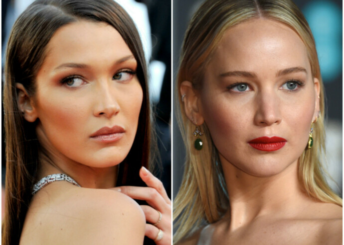 Du har kanskje ikke tenkt over at modell Bella Hadid (t. v.) og skuespillerinne Jennifer Lawrence deler flere likhetstrekk? FOTO: Scanpix Du har kanskje ikke tenkt over at modell Bella Hadid (t. v.) og skuespillerinne Jennifer Lawrence deler flere likhetstrekk? FOTO: Scanpix