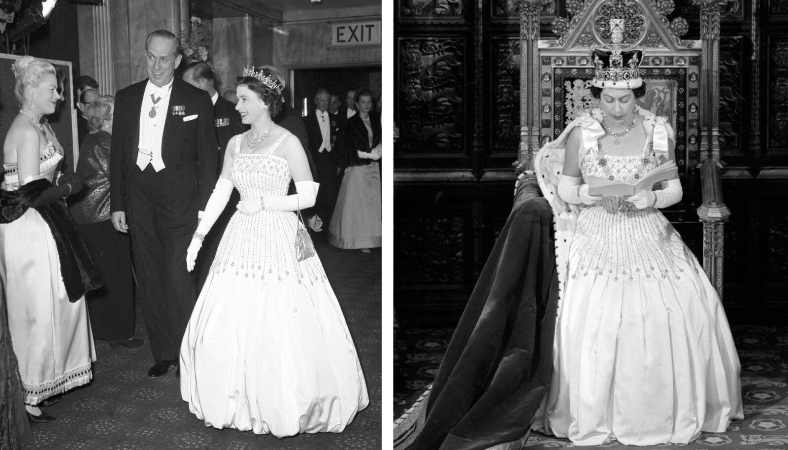 GJENBRUK: Dronning Elizabeth i kjolen som barnebarnet mange år senere skulle velge som brudekjole. Bildet til venstre er tatt under filmpremieren i 1962, mens bildet til høyre et tatt fire år senere i Parlamentet. FOTO: NTB scanpix GJENBRUK: Dronning Elizabeth i kjolen som barnebarnet mange år senere skulle velge som brudekjole. Bildet til venstre er tatt under filmpremieren i 1962, mens bildet til høyre et tatt fire år senere i Parlamentet. FOTO: NTB scanpix