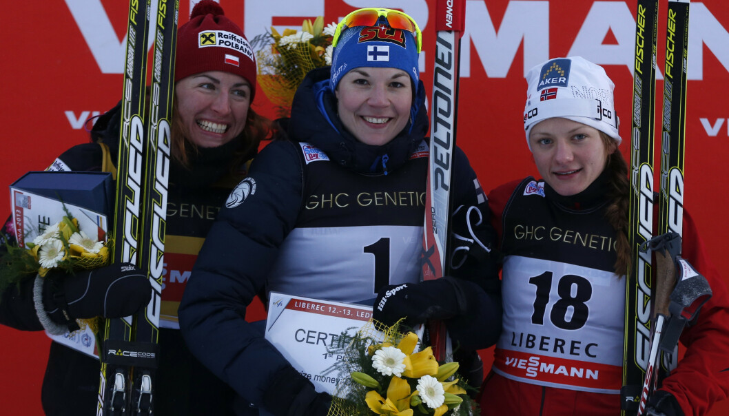 BEST: Mona-Liisa Nousiainen vant verdenscupsprinten i Liberec i 2013 foran Justyna Kowalczyk og Maiken Caspersen Falla. Foto: NTB Scanpix BEST: Mona-Liisa Nousiainen vant verdenscupsprinten i Liberec i 2013 foran Justyna Kowalczyk og Maiken Caspersen Falla. Foto: NTB Scanpix