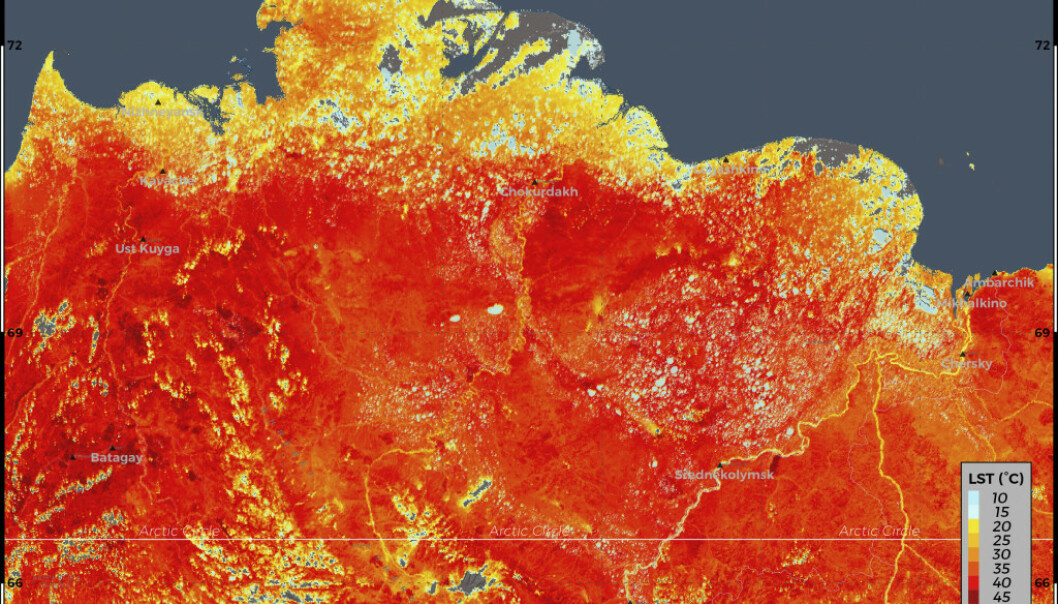 JUNI: Dette bildet viser overflatetemperaturer i Sibir i Russland, der det ble målt rekordhøye temperaturer i juni. Foto: ECMWF Copernicus Climate Change Service via AP / NTB scanpix JUNI: Dette bildet viser overflatetemperaturer i Sibir i Russland, der det ble målt rekordhøye temperaturer i juni. Foto: ECMWF Copernicus Climate Change Service via AP / NTB scanpix
