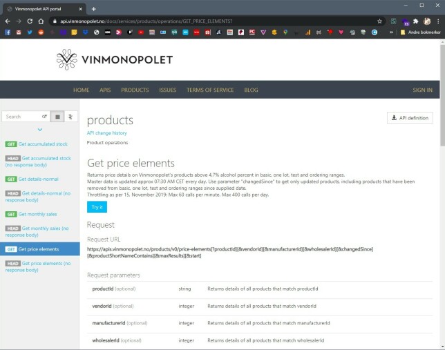 På api.vinmonopolet.no får du dokumentasjonen på API-et Spritjakt.no bruker. På api.vinmonopolet.no får du dokumentasjonen på API-et Spritjakt.no bruker.