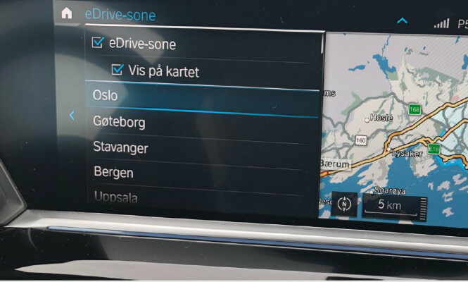 <strong>BESTEM SELV:</strong> Du kan selv klikke bort visningen av e-Drive-sonen på kartet. Foto: Marius Tegneby BMW <strong>BESTEM SELV:</strong> Du kan selv klikke bort visningen av e-Drive-sonen på kartet. Foto: Marius Tegneby BMW