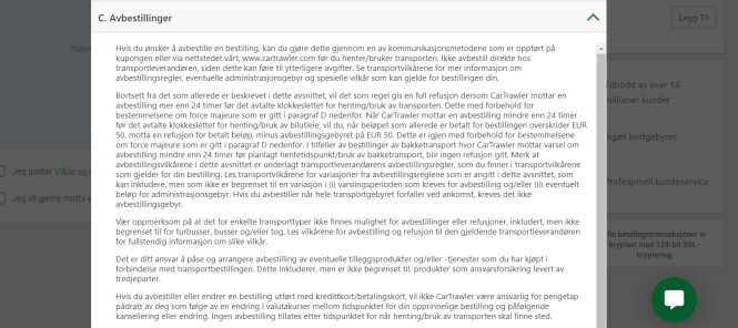 <strong>VILKÅRENE:</strong> Når Dinside nærleser vilkårene til leiebilbestilling via Widerøe, opptrer Cartrawler gjennomgående som selskapet avtalen gjøres med. Dette understreker viktigheten av å lese nettopp vilkårene før du trykker «bestill». Foto: skjermdump. <strong>VILKÅRENE:</strong> Når Dinside nærleser vilkårene til leiebilbestilling via Widerøe, opptrer Cartrawler gjennomgående som selskapet avtalen gjøres med. Dette understreker viktigheten av å lese nettopp vilkårene før du trykker «bestill». Foto: skjermdump.