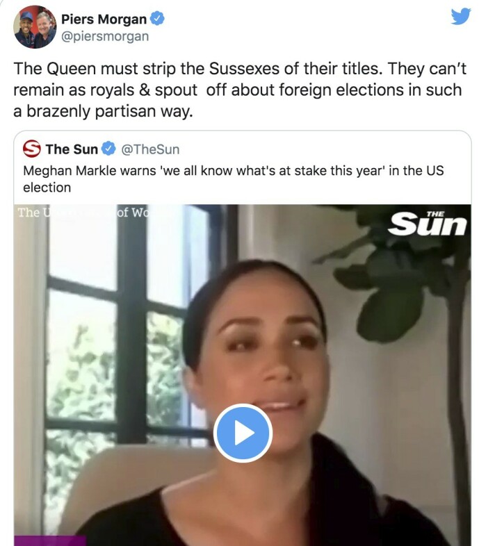 <strong>INNNLEGGET:</strong> Piers Morgan er ikke nådig i sin kritikk av Meghan. FOTO: Twitter. <strong>INNNLEGGET:</strong> Piers Morgan er ikke nådig i sin kritikk av Meghan. FOTO: Twitter.