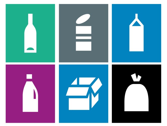 <strong>NYE MERKER FOR KILDESORTERING:</strong> Det grønne øverst til venstre er glass; den grå ved siden av er metall - og den blå øverst til høyre er drikkekartong. Den lilla nederst til venstre er plast; den blå ved siden av er kartong, papp og papir - og den svarte til høyre er restavfall. Foto: Grønt Punkt <strong>NYE MERKER FOR KILDESORTERING:</strong> Det grønne øverst til venstre er glass; den grå ved siden av er metall - og den blå øverst til høyre er drikkekartong. Den lilla nederst til venstre er plast; den blå ved siden av er kartong, papp og papir - og den svarte til høyre er restavfall. Foto: Grønt Punkt