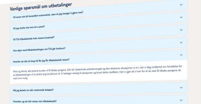 På sine nettsider ber TUI om forståelse for at tilbakebetalingene tar lengre tid enn normalt. Skjermbilde: Tui.no På sine nettsider ber TUI om forståelse for at tilbakebetalingene tar lengre tid enn normalt. Skjermbilde: Tui.no