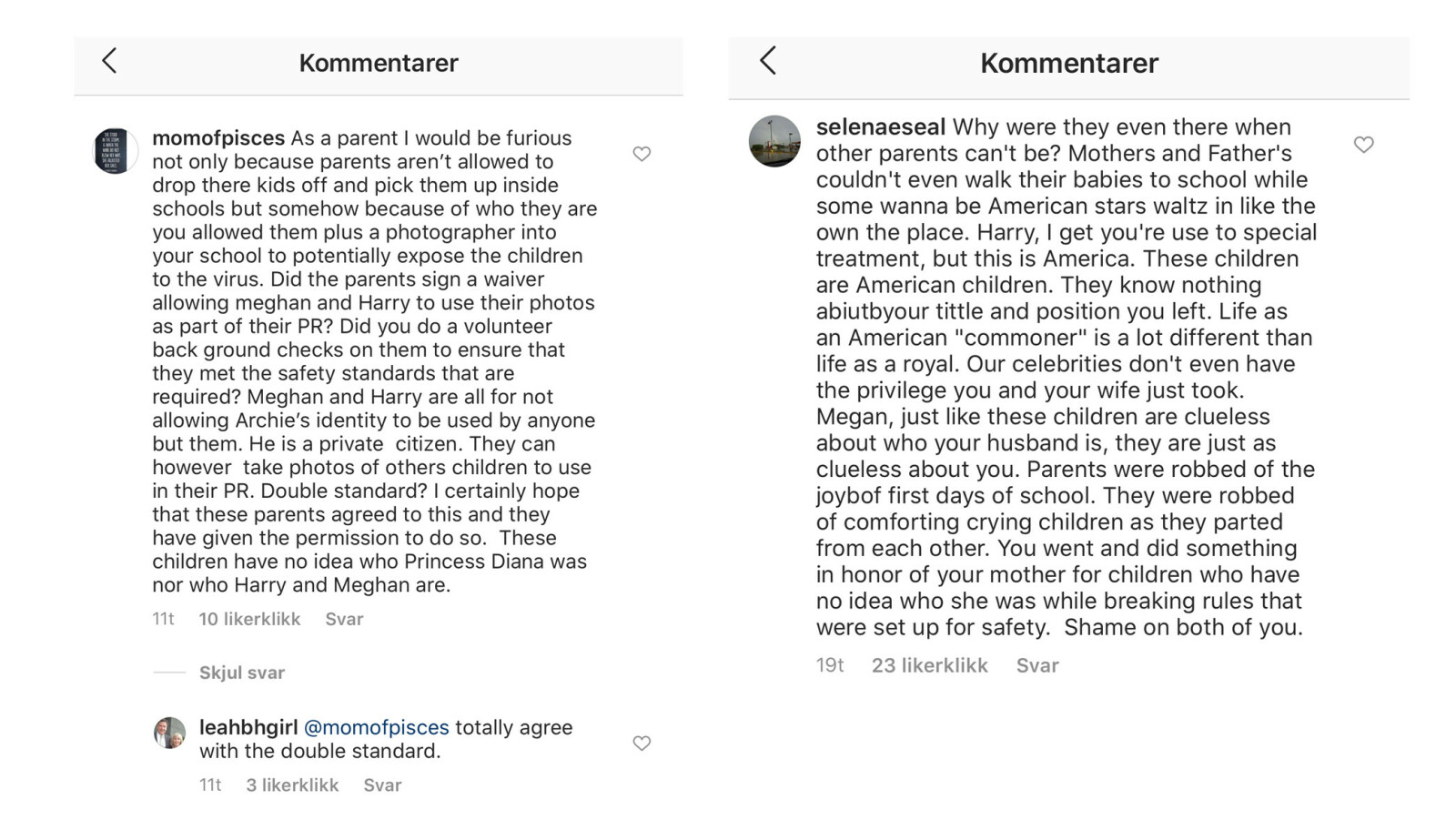 <strong>KRITIKK:</strong> Utdrag fra kommentarfeltet der kritikken mot Harry og Meghan hagler. FOTO: Skjermdump Instagram <strong>KRITIKK:</strong> Utdrag fra kommentarfeltet der kritikken mot Harry og Meghan hagler. FOTO: Skjermdump Instagram