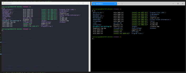 Min Git-Bash med temaet Dracula på venstre side. Samme Git-Bash til høyre i Windows Terminal, men nullstilt og uten "Tango Dark", som er temaet jeg har valgt i Windows Terminal. 📸: Jørgen Jacobsen Min Git-Bash med temaet Dracula på venstre side. Samme Git-Bash til høyre i Windows Terminal, men nullstilt og uten "Tango Dark", som er temaet jeg har valgt i Windows Terminal. 📸: Jørgen Jacobsen