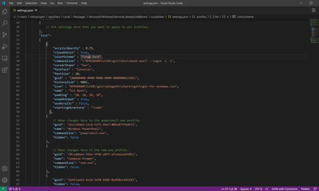 Konfigurasjonsfilen til Windows Terminal kan være vanskelig å forstå for en nybegynner. 📸: Jørgen Jacobsen Konfigurasjonsfilen til Windows Terminal kan være vanskelig å forstå for en nybegynner. 📸: Jørgen Jacobsen
