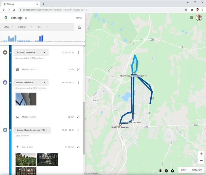 <strong>ALLE DETALJER:</strong> 11. august var jeg på Obs Bygg i 17 minutter. Deretter kjørte jeg 900 meter med bil, før jeg tok turen innom Norrøna-butikken. På kvelden gikk jeg en tur på 2,3 kilometer i skogen, og tok tre bilder. Alle bevegelsene ser jeg i kartet til høyre. (Skjermdump) <strong>ALLE DETALJER:</strong> 11. august var jeg på Obs Bygg i 17 minutter. Deretter kjørte jeg 900 meter med bil, før jeg tok turen innom Norrøna-butikken. På kvelden gikk jeg en tur på 2,3 kilometer i skogen, og tok tre bilder. Alle bevegelsene ser jeg i kartet til høyre. (Skjermdump)