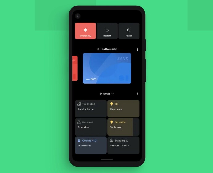 I den nye power-menyen finner du nå knapper til styring av smarthjem, samt muligheten til å velge hvilket kort du vil bruke når du legger telefonen inntil en leser. Foto: Google I den nye power-menyen finner du nå knapper til styring av smarthjem, samt muligheten til å velge hvilket kort du vil bruke når du legger telefonen inntil en leser. Foto: Google
