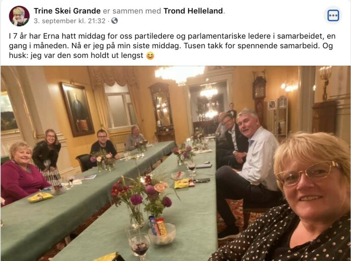 Vil ikke lenger spise middag med Erna Vil ikke lenger spise middag med Erna