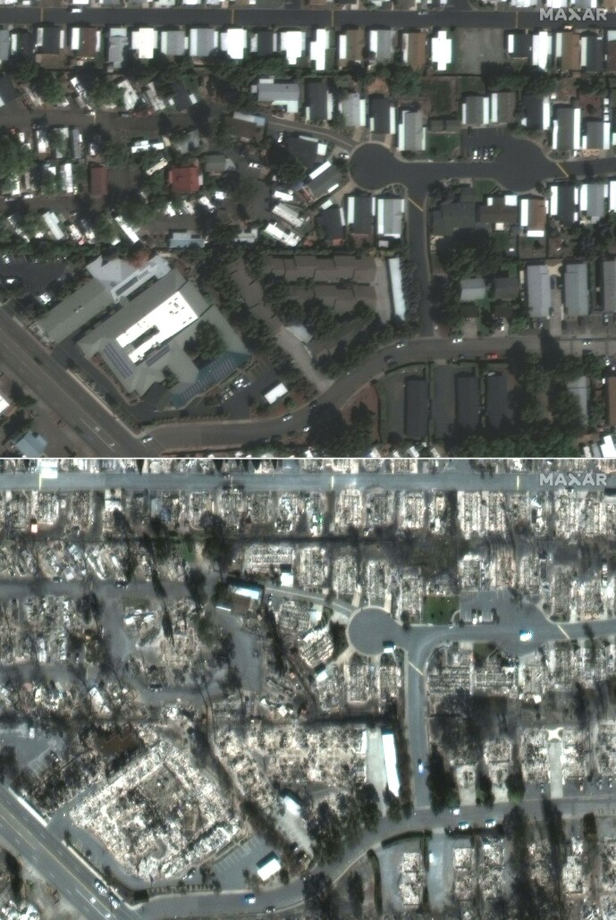 <strong>FØR OG ETTER:</strong> Satelitt-bildene viser et område i Phoenix i Oregon før og etter brannene. Foto: Maxar Technologies / AFP / NTB scanpix <strong>FØR OG ETTER:</strong> Satelitt-bildene viser et område i Phoenix i Oregon før og etter brannene. Foto: Maxar Technologies / AFP / NTB scanpix